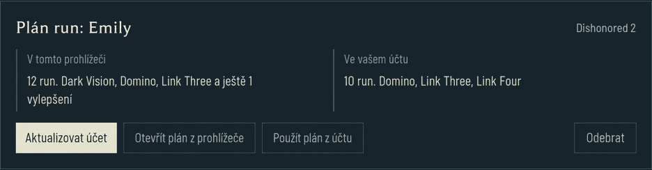 Účet porovnává plán za 12 run v prohlížeči s uloženou verzí za 10 run, než se některá nahradí