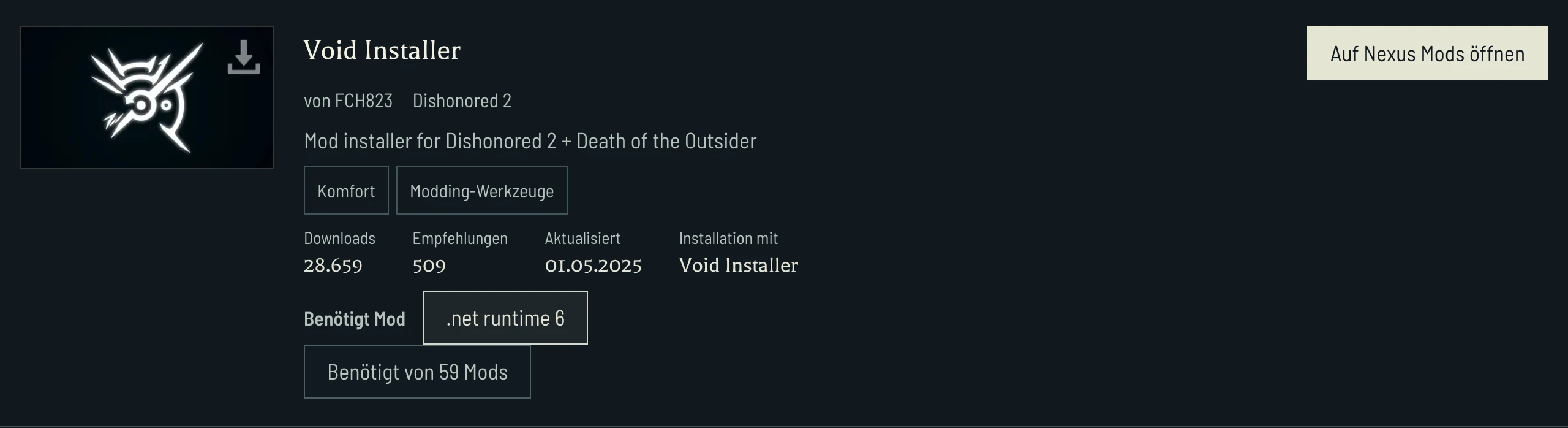Void Installer nennt .NET runtime 6 als Anforderung und verlinkt Mods, die den Installer benötigen. Prüfe bei jedem abhängigen Mod das Spiel, bevor du Dateien auswählst.