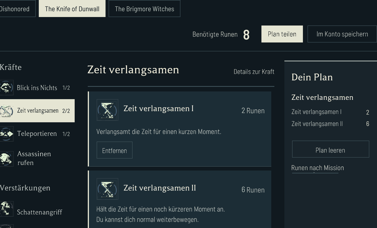 Dauds Zeit verlangsamen auf Stufe II kostet in The Knife of Dunwall 8 Runen