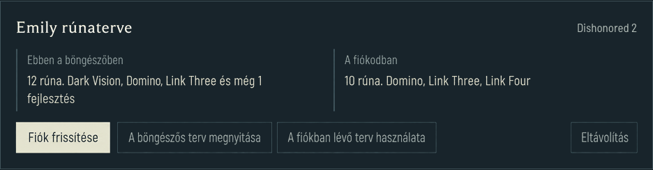 A fiók a 12 runás böngészőtervet a mentett 10 runás változattal hasonlítja össze a lecserélés előtt