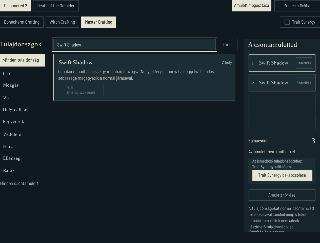 Az ismételt Swift Shadow tulajdonságok láthatók maradnak a Trait Synergy bekapcsolását kínáló művelettel