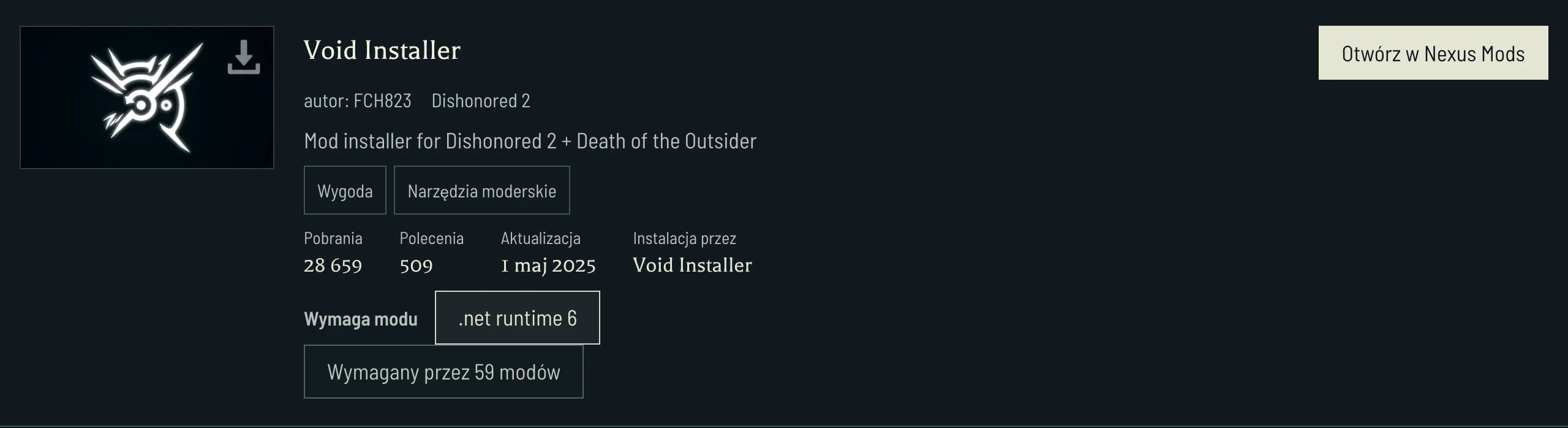 Void Installer podaje .NET runtime 6 jako wymóg i odsyła do modów, które go wymagają. Przed wyborem plików sprawdź grę każdego zależnego moda.