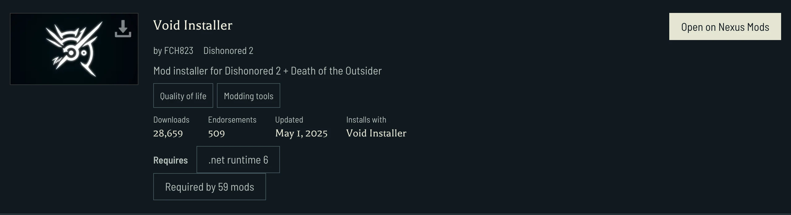 Void Installer lists .NET runtime 6 and links to mods that require it. Check each dependent mod’s game before choosing files.