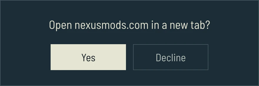 The dialog names nexusmods.com and offers a choice to open it in a new tab or keep the directory open.